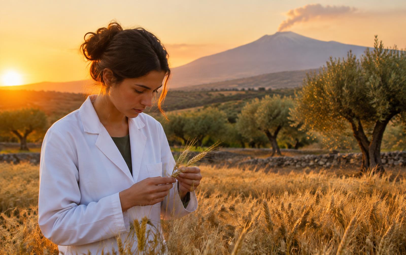 Studentessa ITS tra i campi di grano con l'Etna sullo sfondo